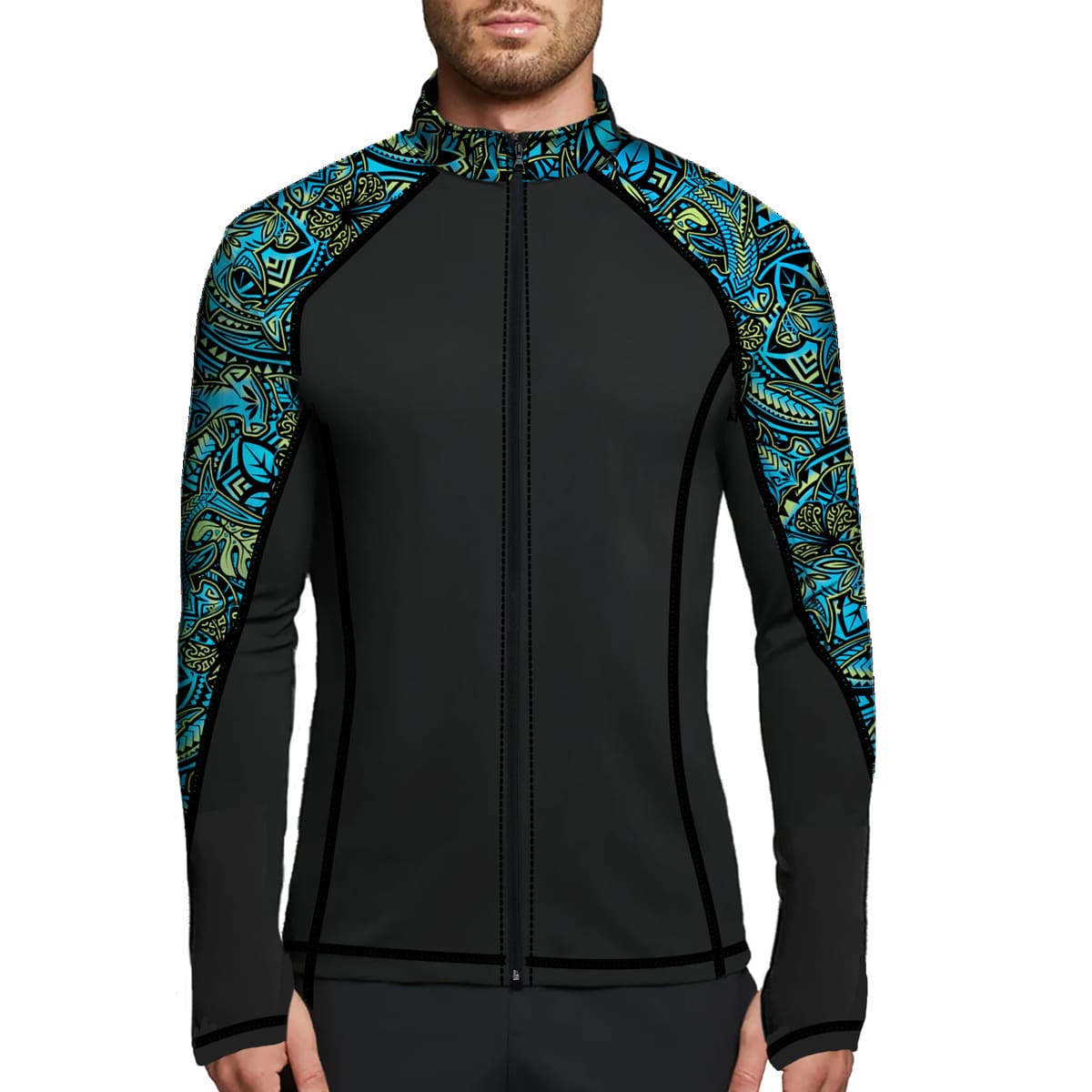 MENS Full Zip Up Hammerhead Hibiscus Rash Guard