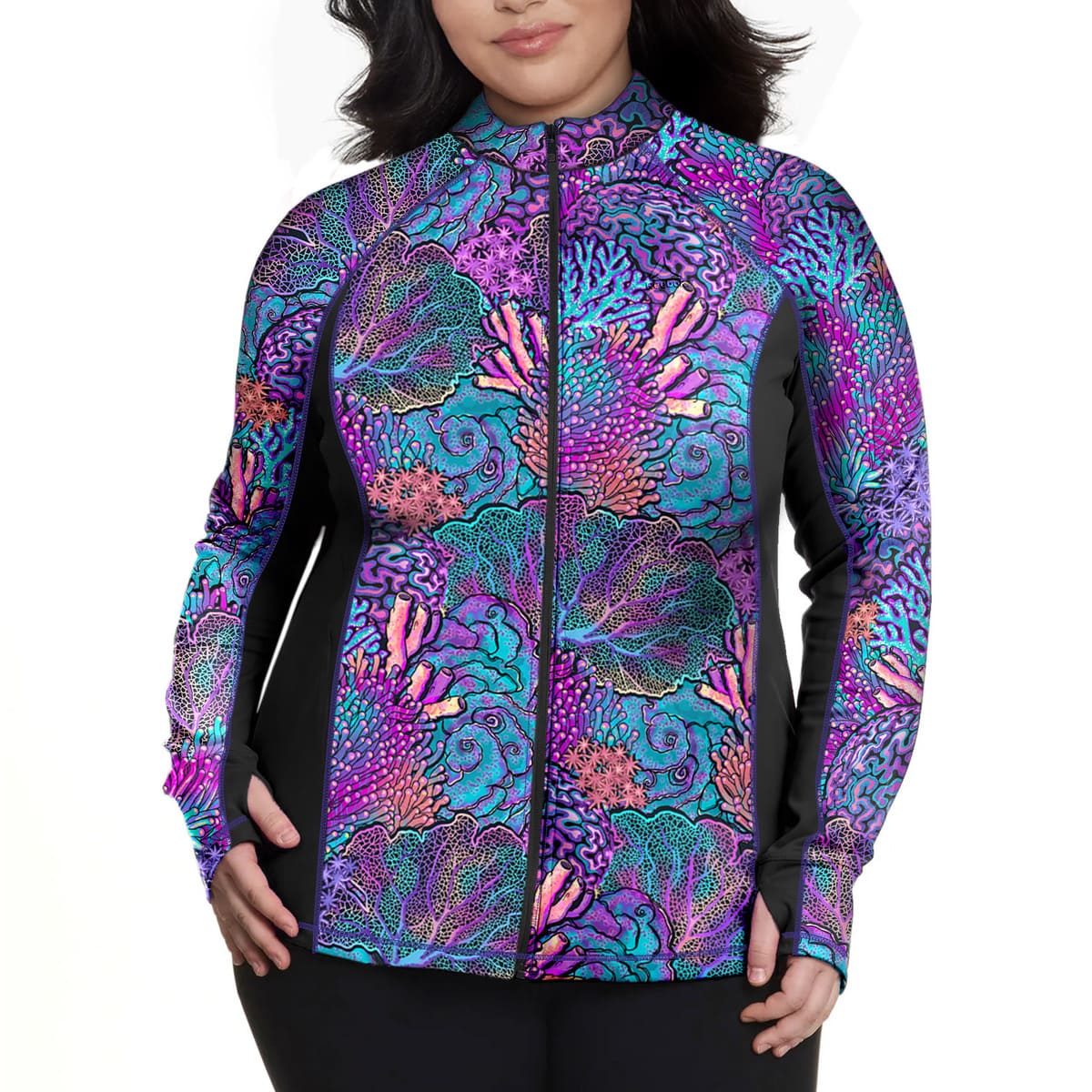 Full Zip Up Coral Kaleidoscope Rash Guard - Image 2
