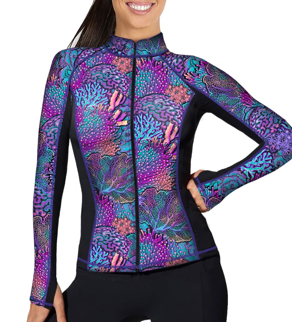 Full Zip Up Coral Kaleidoscope Rash Guard
